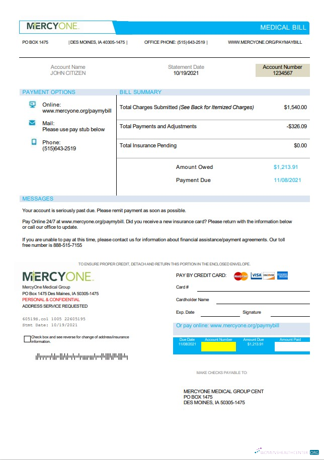 download download USA Iowa MercyOne medical bill template in Word and PDF format PDF template PDF template